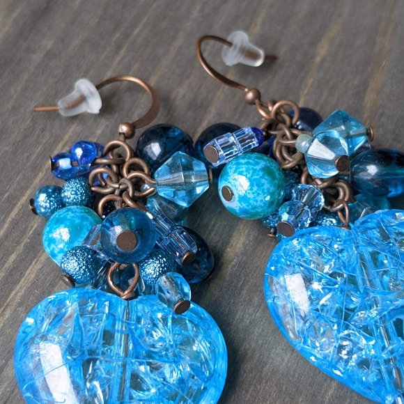 Mixed Blue Glass Bead & Blue Crackle Heart Cluster Earrings - Picture 8 of 16